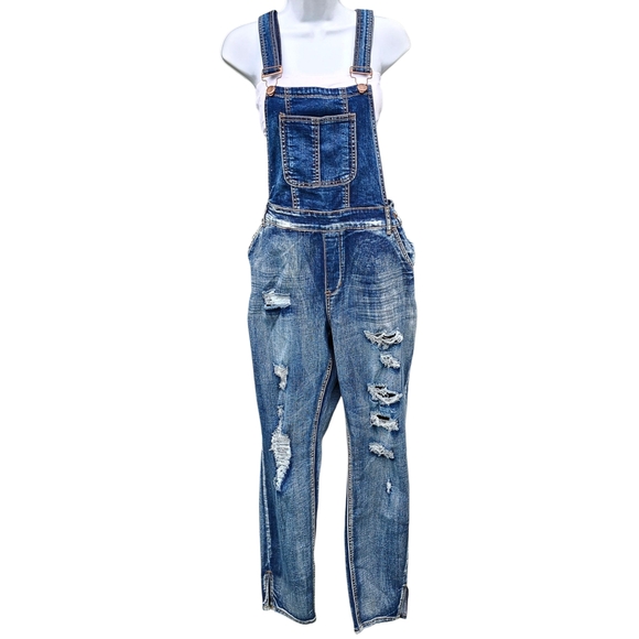 Dollhouse Blue Distressed Womens Jeans Overalls New Without Tags - Picture 1 of 6